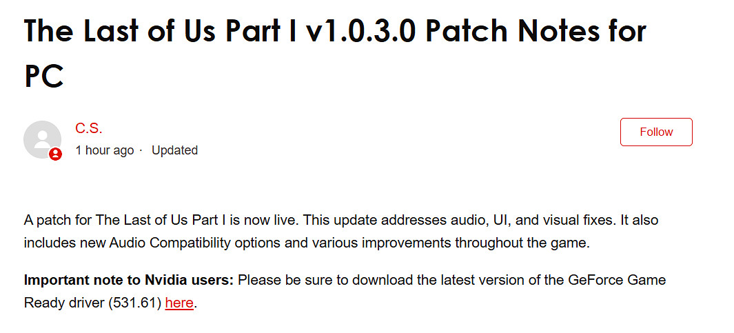 《最後生還者》PC新更新檔 解決中文符號錯誤顯示問題!