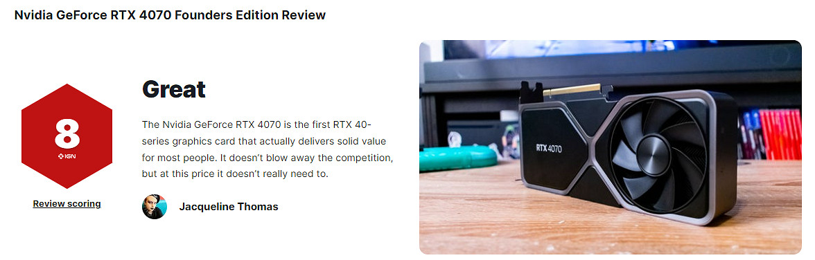 RTX 4070顯卡IGN 8分:性價比相當不錯 RTX 4070顯卡IGN 8分:性價比相當不錯
