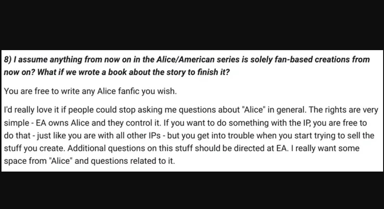 《愛麗絲》設計師求粉絲們不要再問他《愛麗絲3》消息 《愛麗絲》設計師求粉絲們不要再問他《愛麗絲3》消息