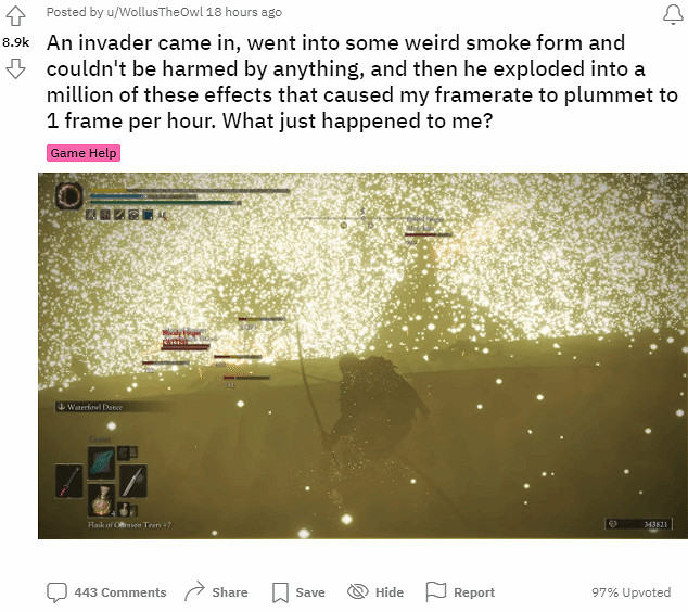 《艾爾登法環》驚現奇葩外掛:玩家遊戲幀數暴跌至1幀 《艾爾登法環》驚現奇葩外掛:玩家遊戲幀數暴跌至1幀