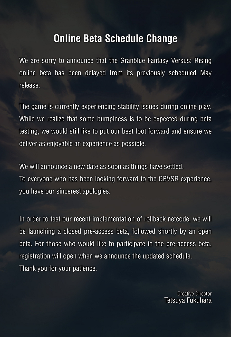 格鬥遊戲《碧藍幻想Versus Rising》官宣公測延期! 格鬥遊戲《碧藍幻想Versus Rising》官宣公測延期!