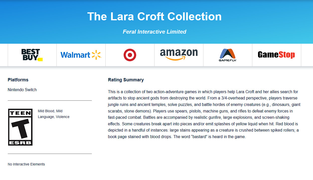 《勞拉克勞馥合集》或即將登陸Switch 已通過ESRB評級 《勞拉克勞馥合集》或即將登陸Switch 已通過ESRB評級