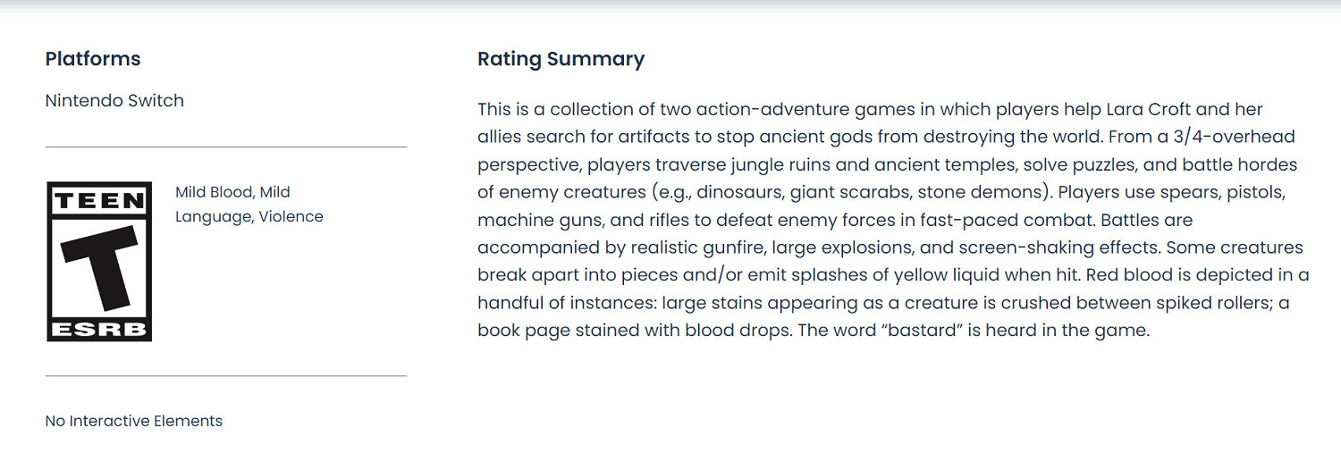 ESRB確認《古墓奇兵》Switch合集正在路上