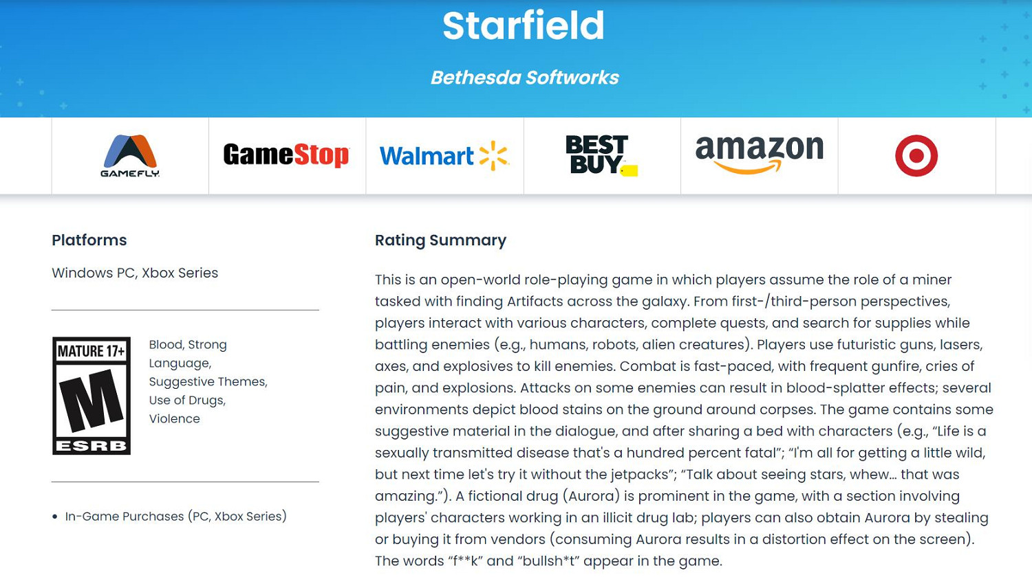 《星空之地》ESRB詳細評級訊息！部分遊戲台詞曝光