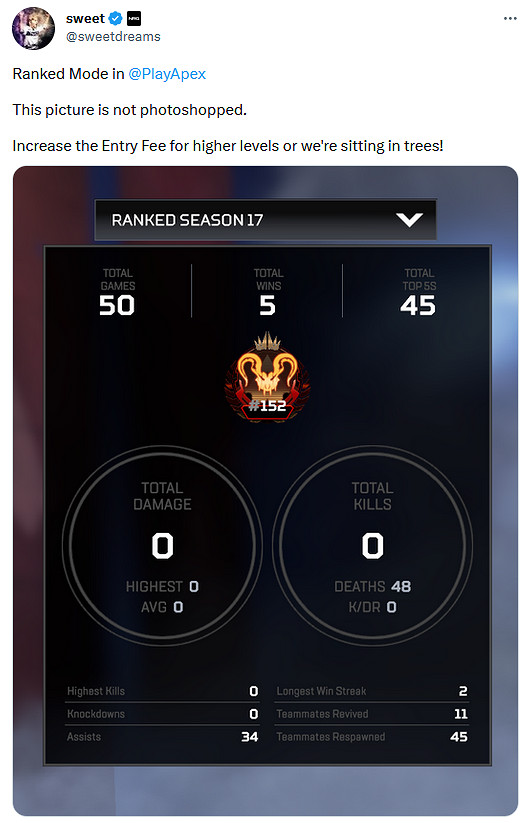 《Apex英雄》排位賽新規則！職業選手50場0傷害登頂