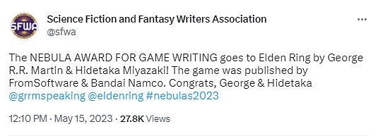 宮崎英高攜《艾爾登法環》獲星雲獎“最佳遊戲劇本” 宮崎英高攜《艾爾登法環》獲星雲獎“最佳遊戲劇本”