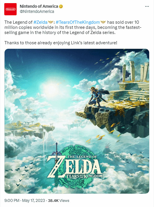 《王國之淚》發售三天銷量超1000萬份 破系列記錄! 《王國之淚》發售三天銷量超1000萬份 破系列記錄!