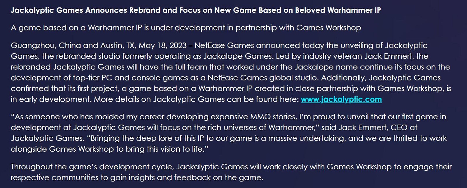 網易旗下工作室Jackalope改名 將開發戰鎚IP新遊戲! 網易旗下工作室Jackalope改名 將開發戰鎚IP新遊戲!