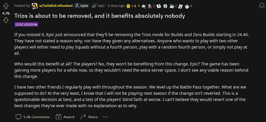 《堡壘之夜》不解釋原因刪除三排模式 引發玩家不滿 《堡壘之夜》不解釋原因刪除三排模式 引發玩家不滿