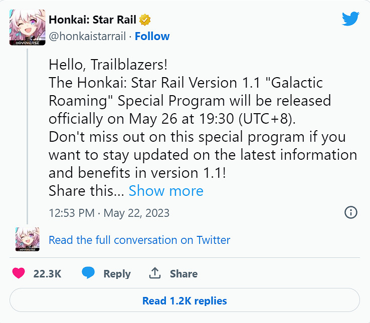 《崩壞:星穹鐵道》5月26日舉行特別節目 介紹V1.1版本 《崩壞:星穹鐵道》5月26日舉行特別節目 介紹V1.1版本