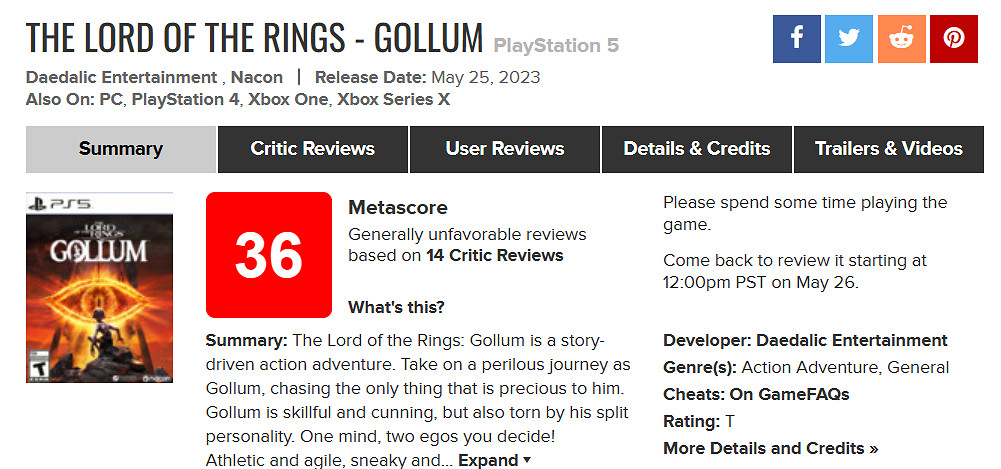 《魔戒：咕嚕》評分解禁！大量媒體差評 GS僅給2分！