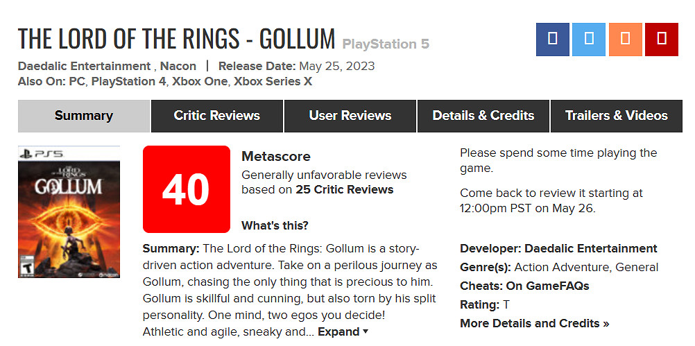 超越《紅霞島》!《魔戒咕嚕》成今年目前評分最低遊戲 超越《紅霞島》!《魔戒咕嚕》成今年目前評分最低遊戲