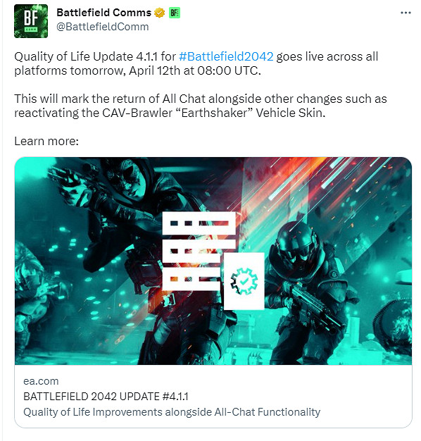 《戰地風雲2042》更新更新檔今日上線 支援全頻道聊天 《戰地風雲2042》更新更新檔今日上線 支援全頻道聊天