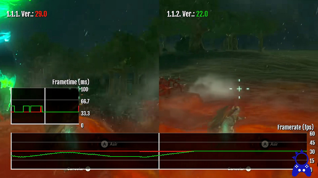 《塞爾達傳說：王國之淚》1.1.2更新檔與1.1.1性能對比