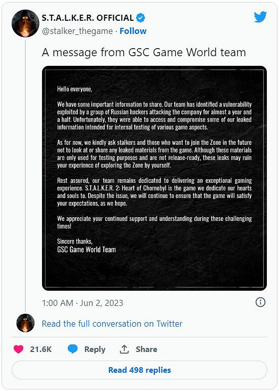 《潛行者2》官方回應泄露事件 懇請粉絲不要觀看與分享
