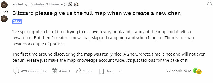 玩家呼籲《暗黑破壞神4》新創角色能繼承地圖資料！