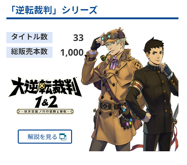 《逆轉裁判123》雙平台史低 系列累計銷量已破千萬！
