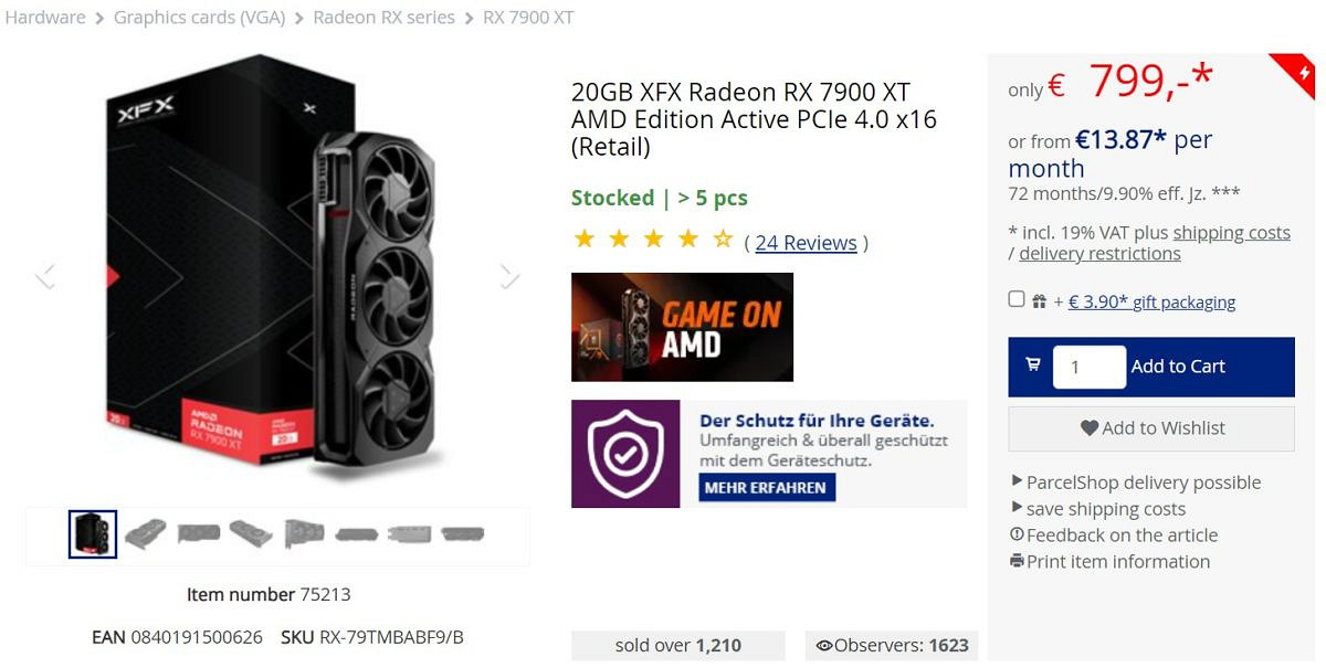 AMD RX7900XT歐洲價格暴跌 現已不到800歐元