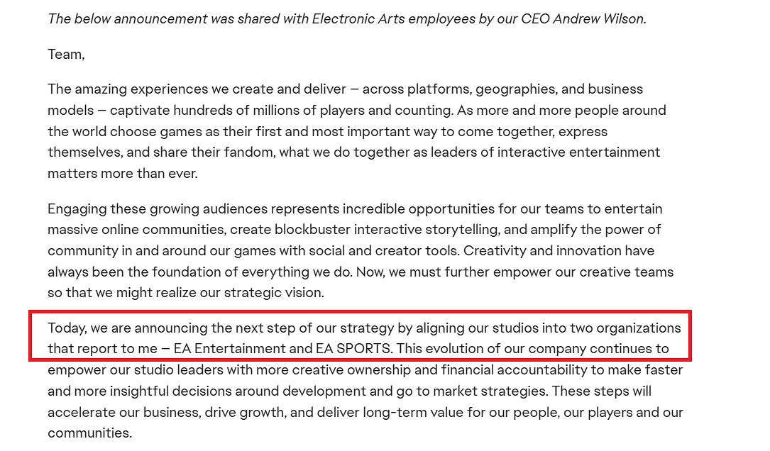 EA分裂為兩家公司：EA Entertainment和EA SPORTS