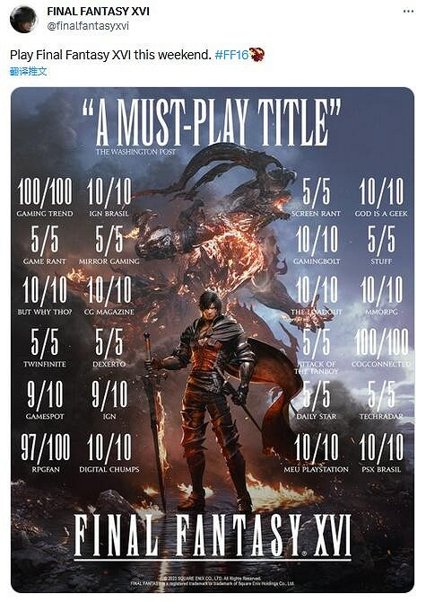《最終幻想16》官推曬媒體評分匯總圖:幾乎全員滿分! 《最終幻想16》官推曬媒體評分匯總圖:幾乎全員滿分!