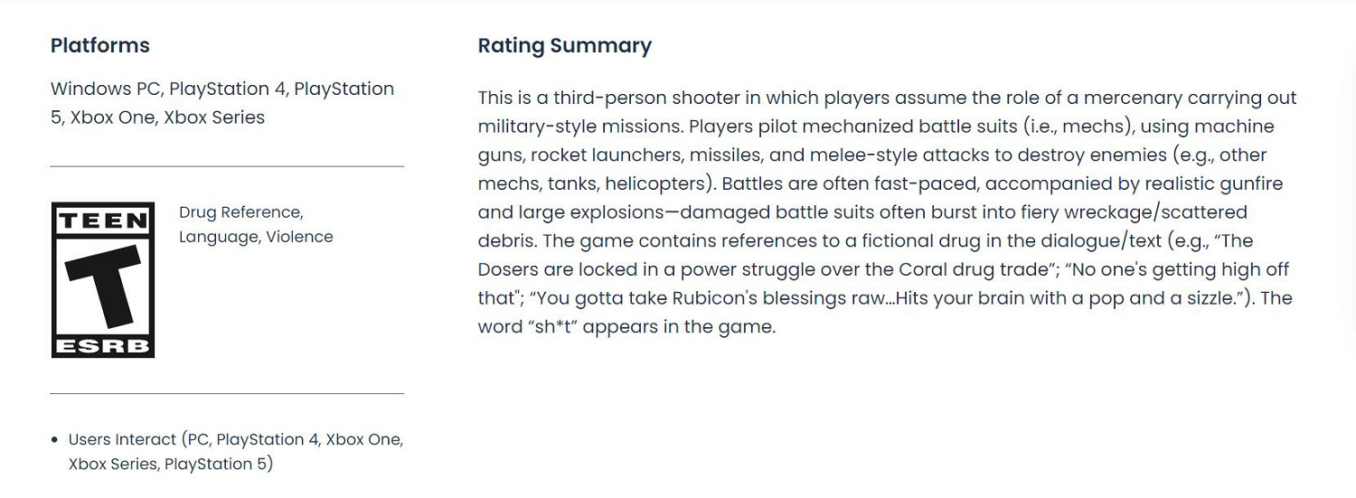 《裝甲核心6》ESRB分級出爐：僅為T級 不含18+內容!