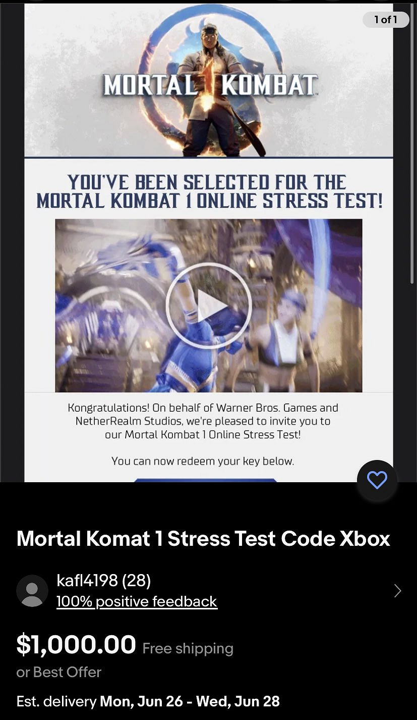 黃牛拍賣《真人快打1》壓力測試碼 驚現1000美元報價 黃牛拍賣《真人快打1》壓力測試碼 驚現1000美元報價