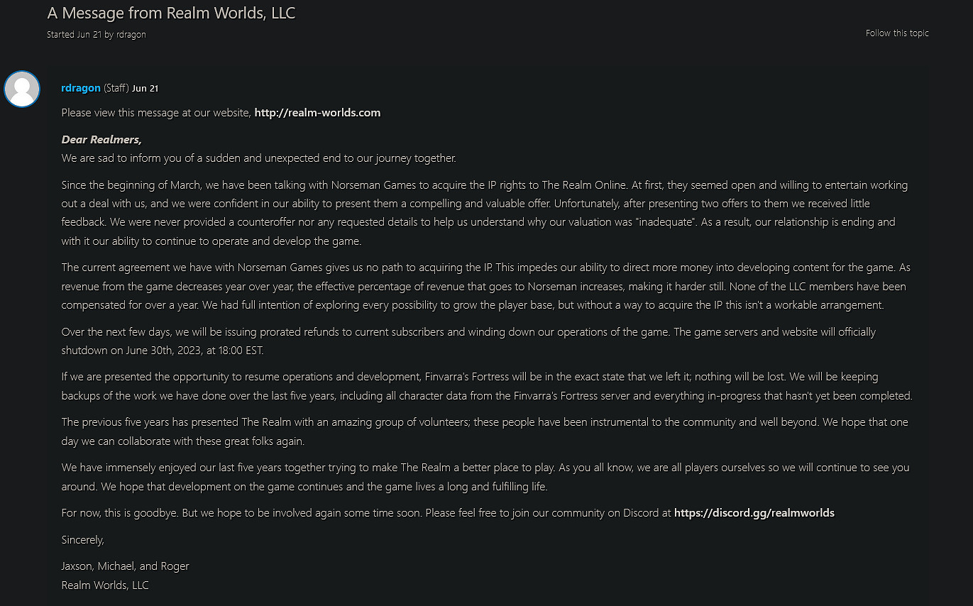 營運27載 遠古MMO《The Realm Online》即將關服