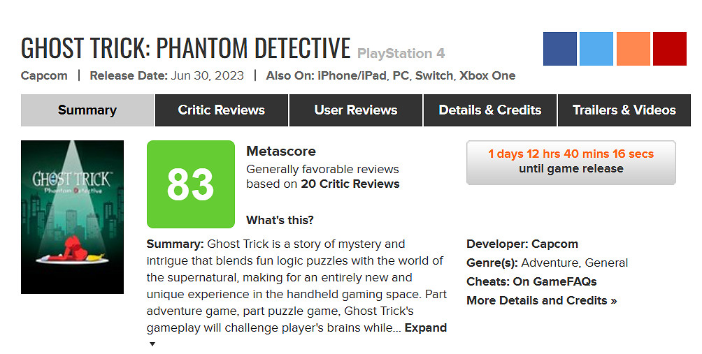 《幽靈詭計》高清重製版媒體評分解禁！M站均分83分！