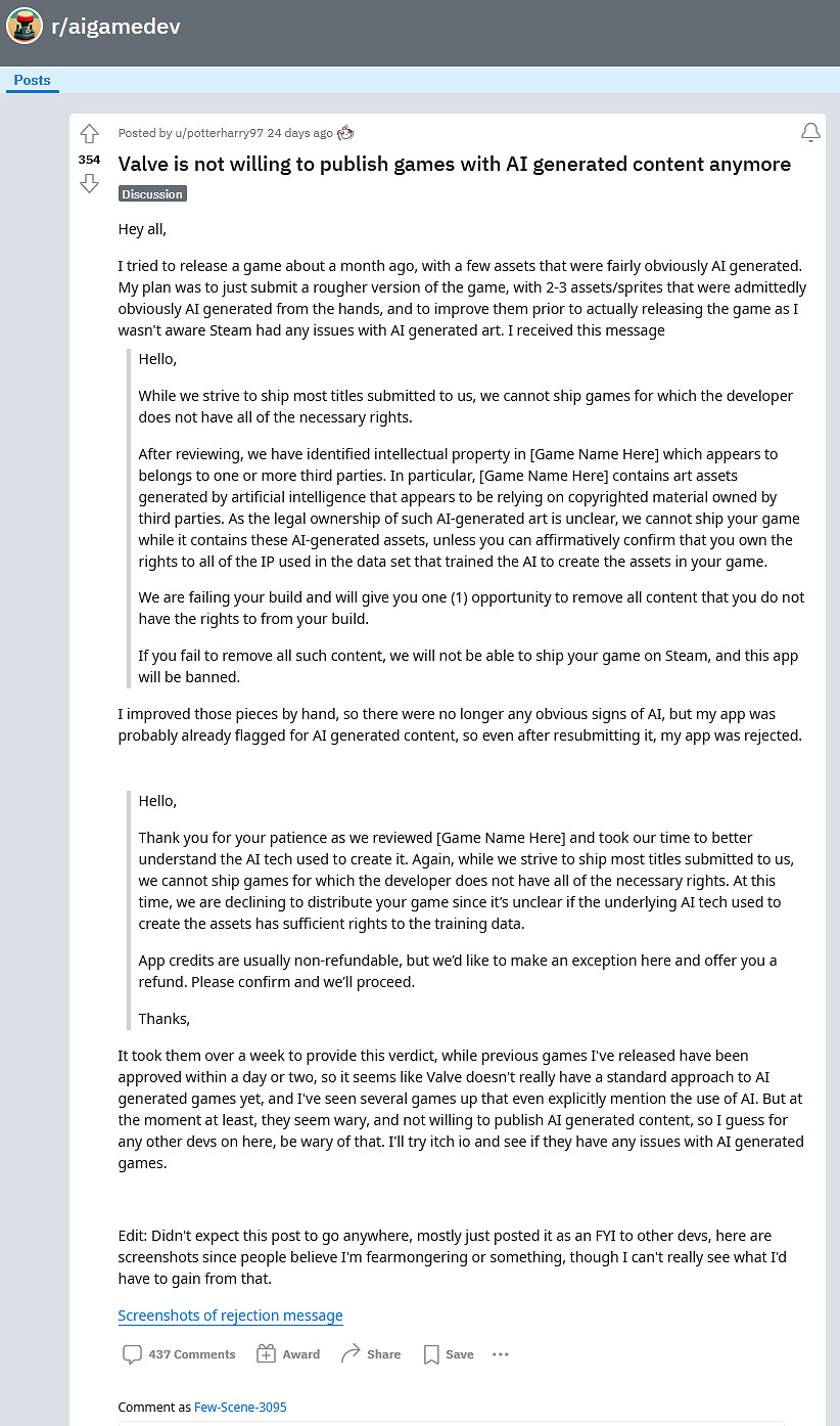 怕陷入版權糾紛？V社禁止含AI作畫遊戲上架Steam