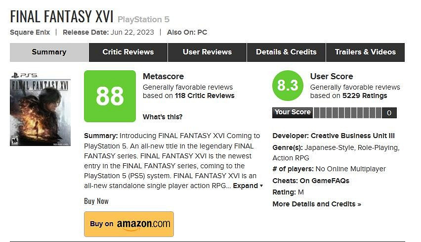 超四千條好評!《最終幻想16》M站使用者評分升至8.3分 超四千條好評!《最終幻想16》M站使用者評分升至8.3分