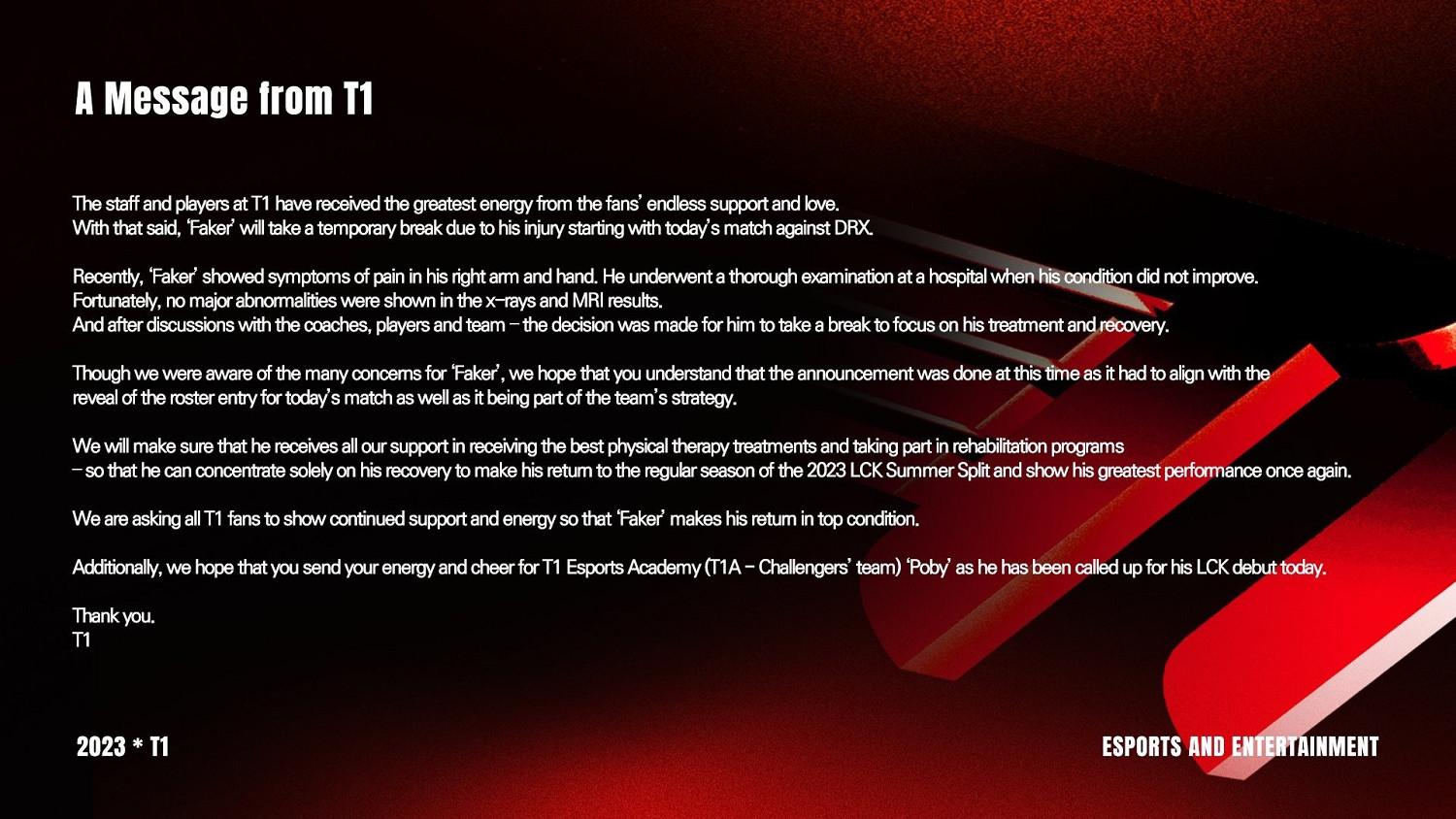 《英雄聯盟》傳奇選手Faker因右臂受傷今日起暫時休養