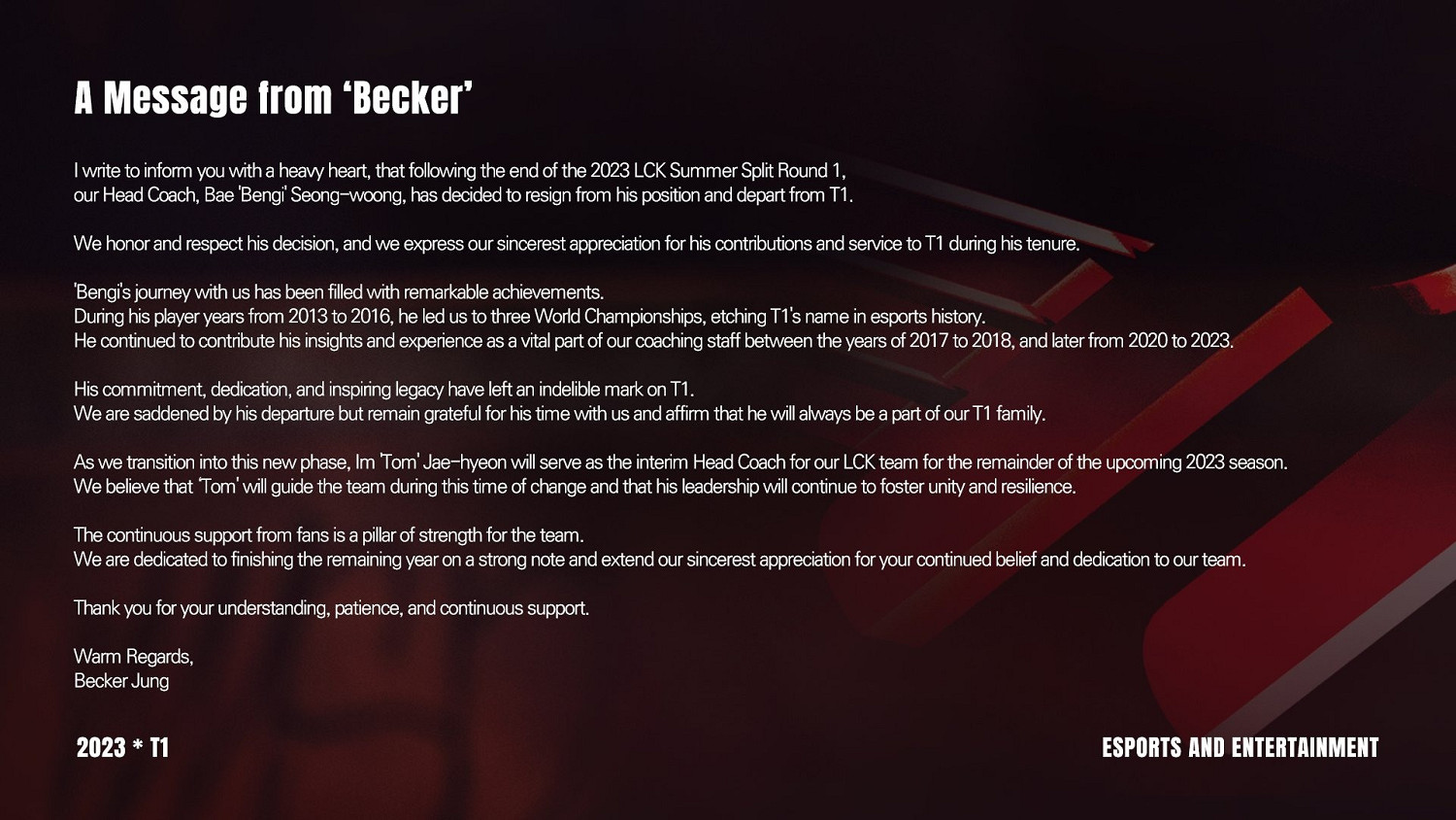 《英雄聯盟》T1總教練Bengi辭職 由Tom擔任臨時總教練