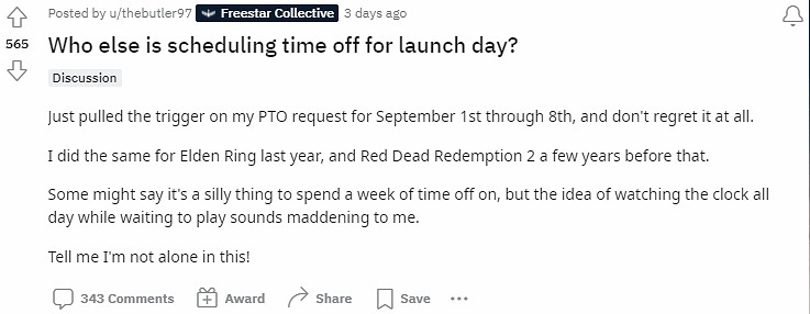 玩家紛紛為《星空》發售而請假：老婆孩子女友先放一邊