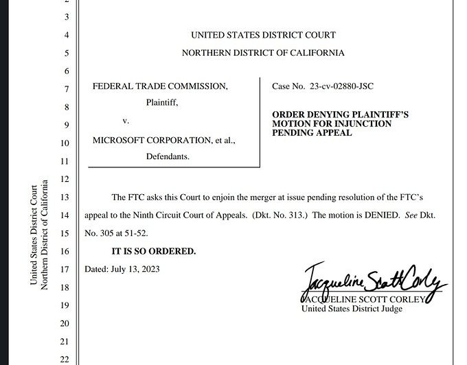 FTC請求上訴期間禁止微軟收購動視！現已被法官否決