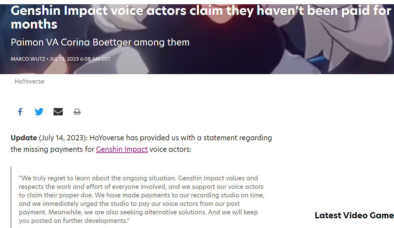 米哈遊回應《原神》配音演員被拖欠薪資：將督促工作室