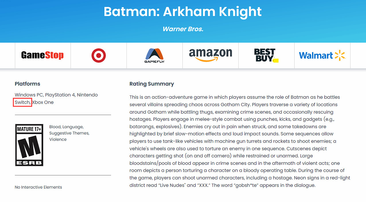 Switch版《蝙蝠俠:阿甘騎士》ESRB評級出爐:R17成人向 Switch版《蝙蝠俠:阿甘騎士》ESRB評級出爐:R17成人向