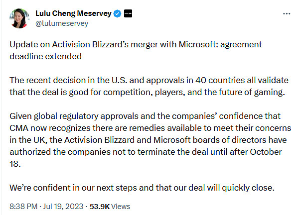 微軟與動視暴雪達成協議 正式推遲合併最後日期