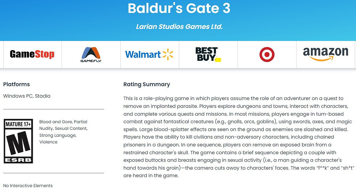 含大量少兒不宜內容！《柏德之門3》被ESRB評為成人級