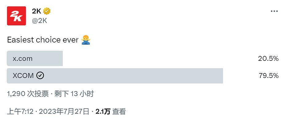 2K官方整活:《幽浮》和推特你選哪個?結果毫不意外 2K官方整活:《幽浮》和推特你選哪個?結果毫不意外