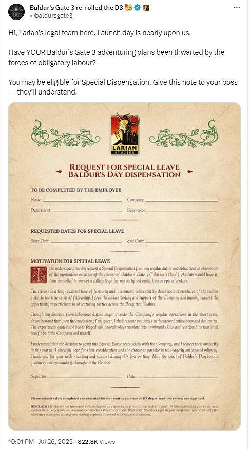 《柏德之門3》官方發推分享請假回家打遊戲的假條