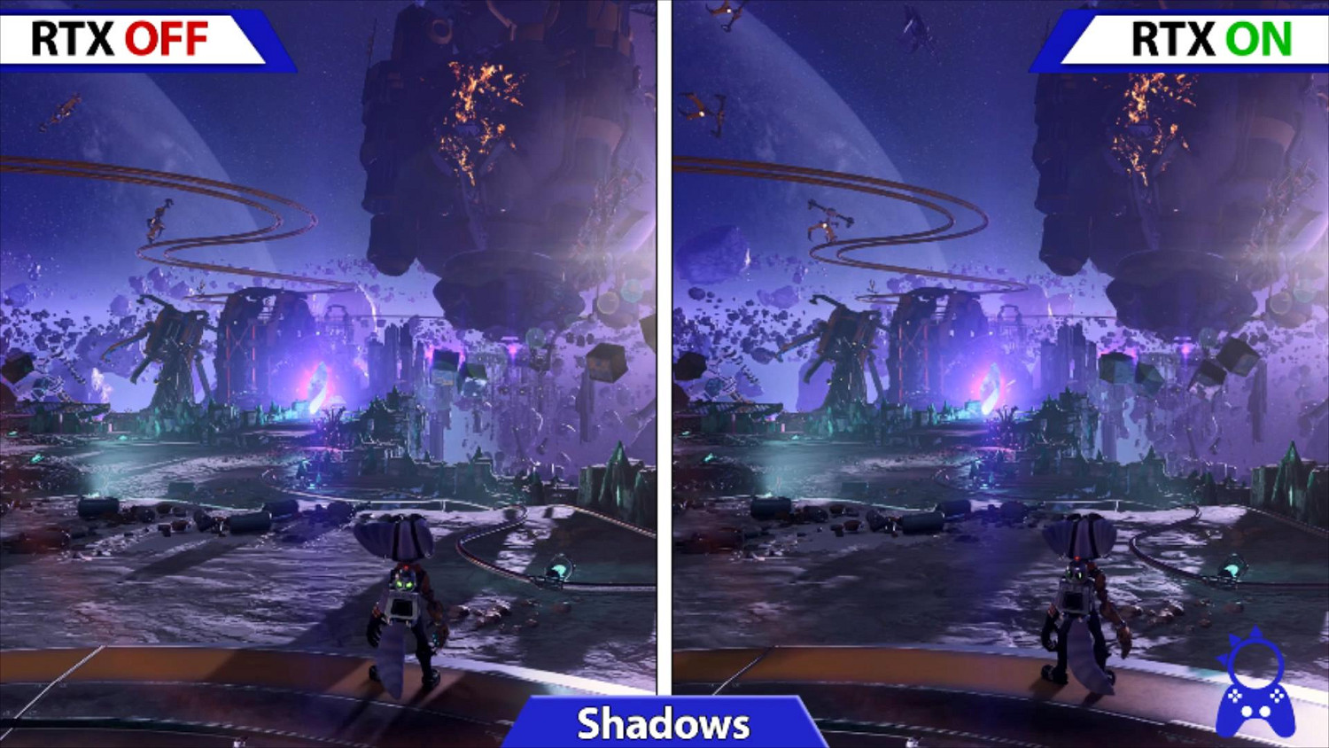 《瑞奇與叮噹：時空跳轉》PC版光線追蹤效果對比