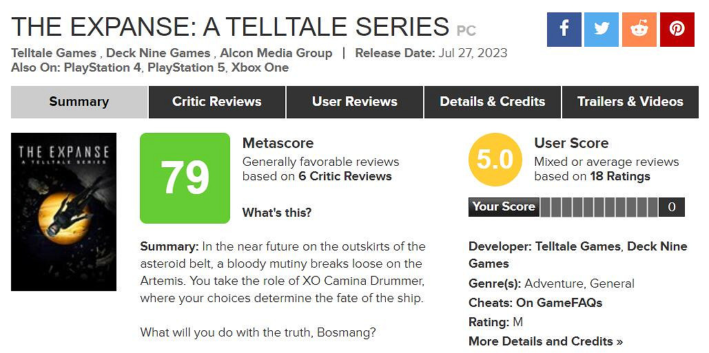 科幻美劇改編遊戲《Telltale浩瀚蒼穹》發售！M站79分