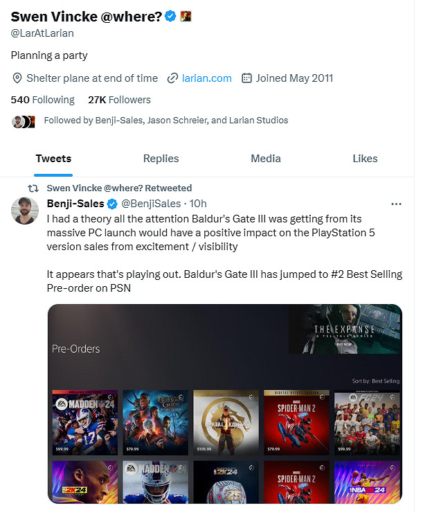 拉瑞安創始人曾預計《柏德之門3》最多10萬人線上 拉瑞安創始人曾預計《柏德之門3》最多10萬人線上