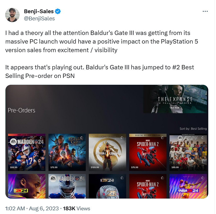 《柏德之門3》PS5版預購量飆升！是PSN預購排行榜第二