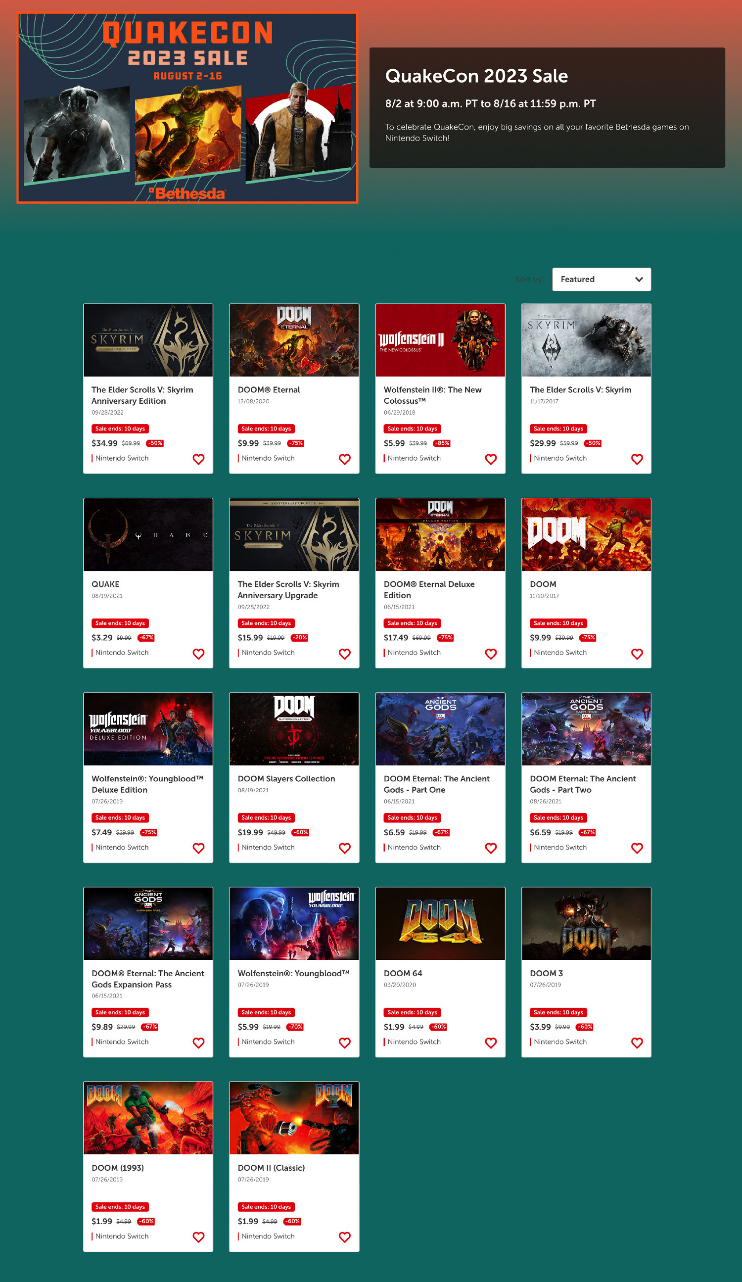 慶祝QuakeCon！Switch美服eshop貝塞斯達作品促銷中