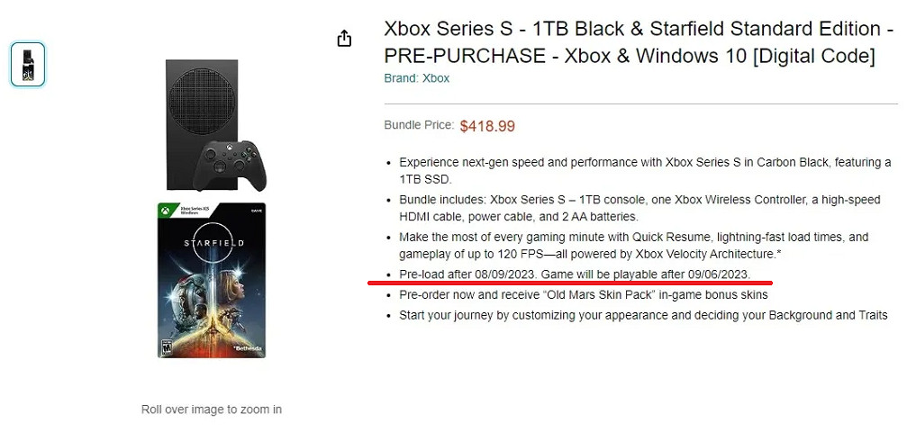 亞馬遜商店顯示《星空》XSX|S版將在8月9日開啟預載