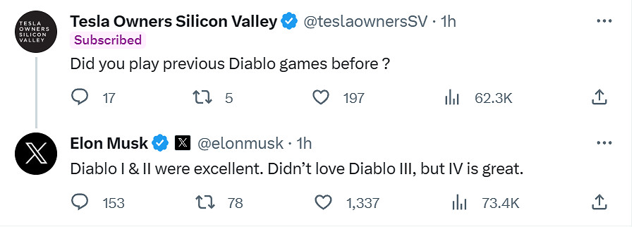 埃隆·馬斯克稱讚《暗黑破壞神4》！稱暴雪團隊做的好