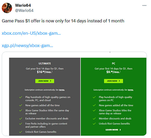 微軟還未官宣！ Xbox Game Pass (XGP)  1美元試用訂閱期限下調至14天