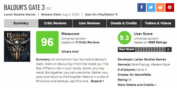 《柏德之門3》發行總監發文 慶祝遊戲M站評分漲至96分