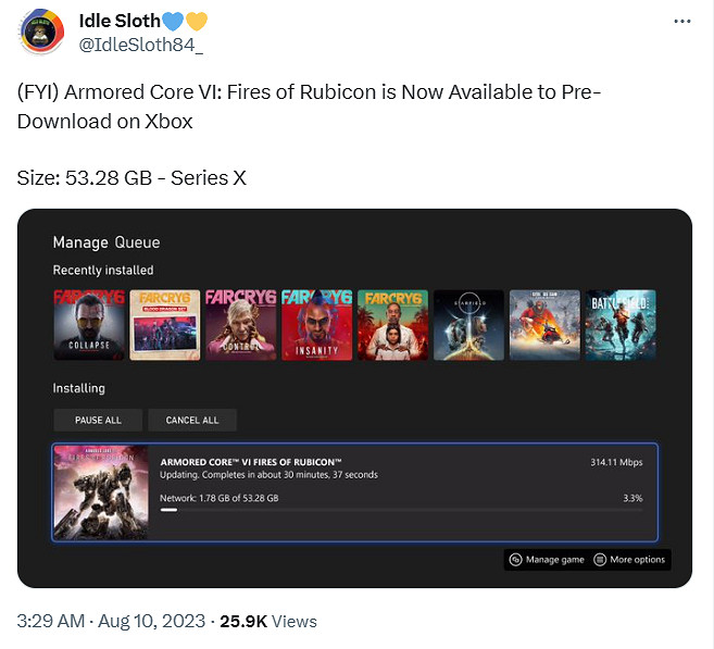 網友曝《裝甲核心6》XSX版已開始預載！容量53.28GB